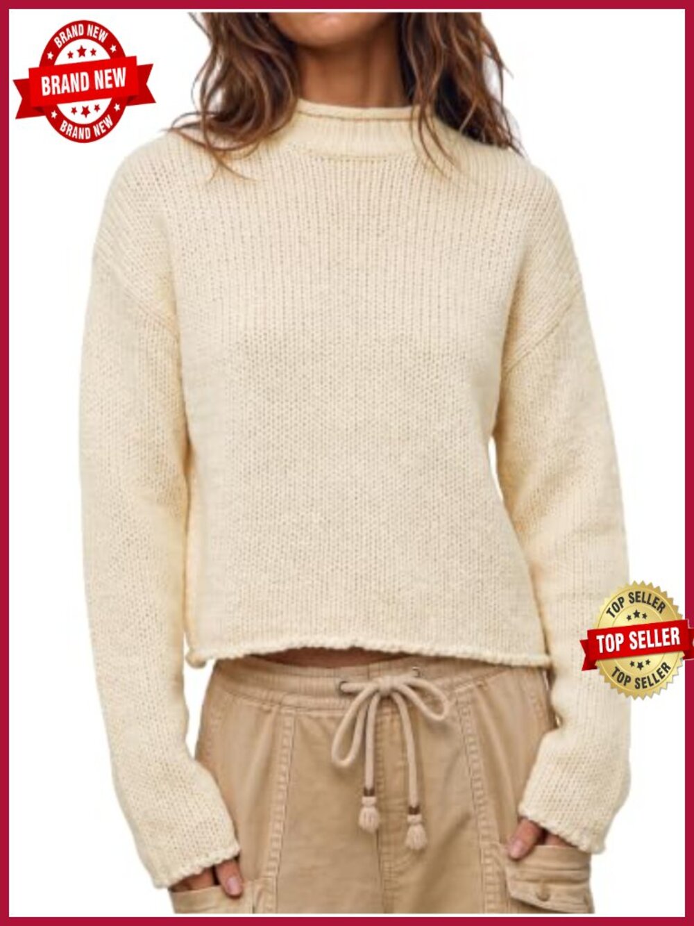 Chunky Knit Striped Sweater Rolled Mock Neck Cropped Pullover Fall Winter Top